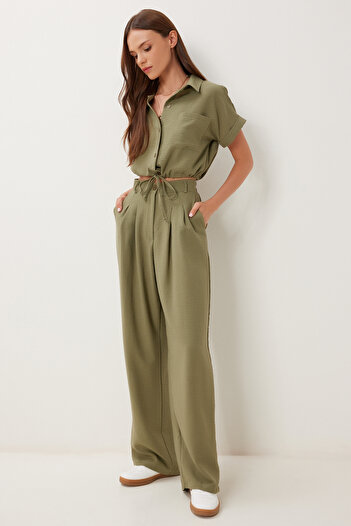 Happiness İstanbul Women's Khaki Linen Crop Shirt Pants Set Bv00149