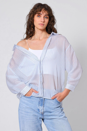 Trendyol Collection Cămașă cu dungi albastre TWOSS25GO00171