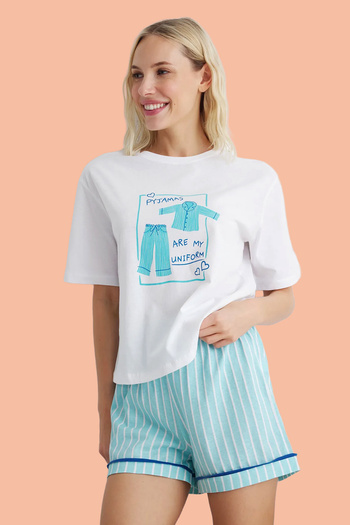 Trendyol Collection White-Blue Plain Single Jersey Knitted Pajamas Set Thmss25Pt00115
