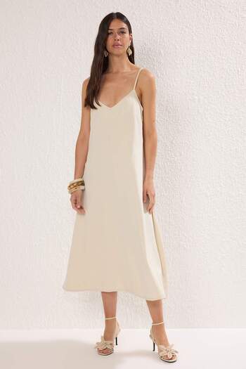 Trendyol Collection Beige Straight Midi Denim Dress Twoss25El00859
