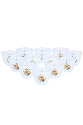 Alsaif Gallery A set of large, white, and golden-wooded Arcopal Arabic coffee cups, 12 pieces