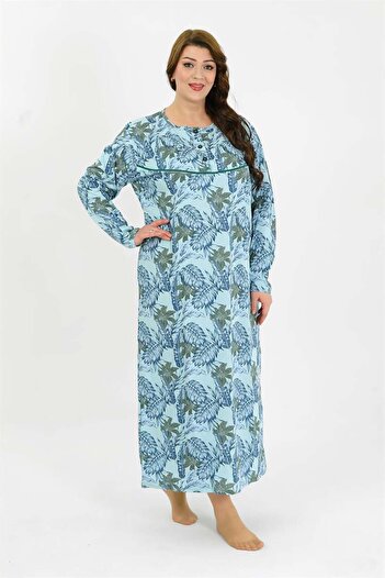 modaserdem Mdsrdm Women's Plus Size Long Sleeve Blue Mother Nightgown 1378