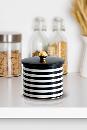 EVLE Ef142-g9 Line Black Patterned Round Metal Storage Container 14 Cm