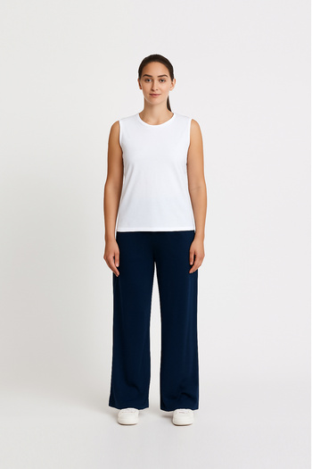 Cottonland Women's Katia Draped Wide Leg Elastic Waist Elastane Combed Cotton Trousers Dark Blue