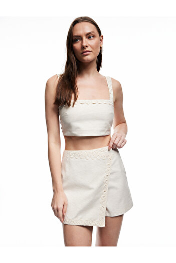 Koton X Melis Ağazat - Lined Linen Blend Sleeveless Square Neck Floral Strap Crop Bustier
