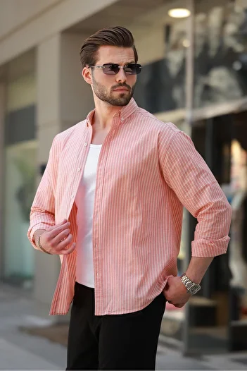 Madmext Orange Striped Long Sleeve Cotton Men's Shirt 6746