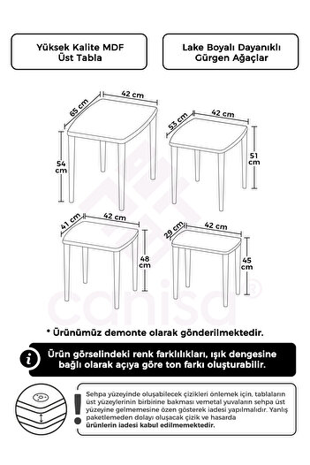Canisa Lyon Serisi , 1.sınıf Mdf Üst Kalite Sehpa Takımı , Krem 4lü Zigon Sehpa, Krem Gürgen Ayaklar