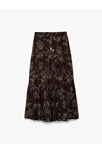Koton Viscose Krinkle Fabric Comfortable Fit Elastic Waist Layered Midi Floral Flared Skirt