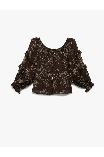 Koton Viscose Krinkle Fabric Ruffled 3/4 Balloon Sleeve Floral Embroidered Round Neck Blouse