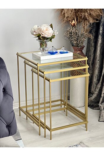 AssuCasa Brad 3'lü Metal Camlı Zigon Yan Sehpa Gold-şeffaf