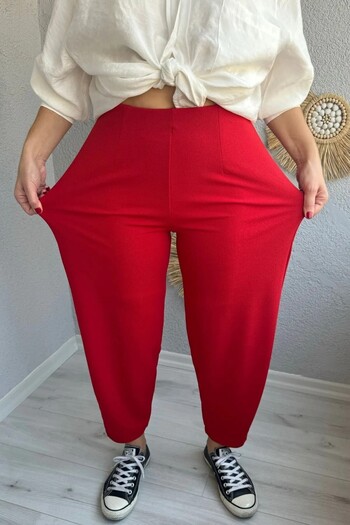 Paw Garage Women's Bernis Red Balloon Trousers, Elastic Waist Baggy Model Crepe Balloon Trousers Hiding the Basen