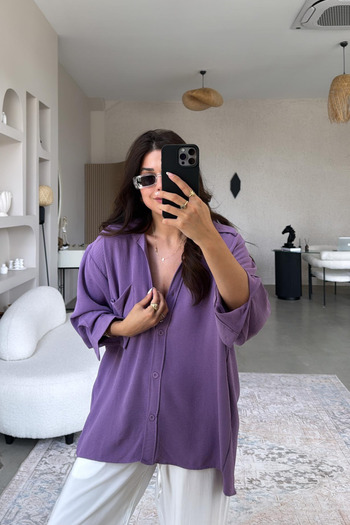 Paw Garage Women's Perla Purple Single Pocket Oversize Shirt, Summer Wide Fit Shirt, Ayrobin Shirt