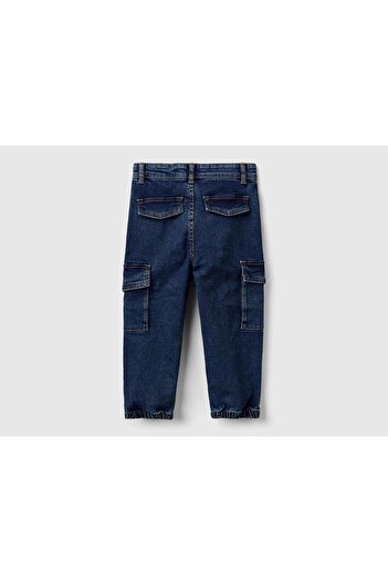 United Colors of Benetton Navy Blue Slim Fit Denim Cargo Pants - Boy, Patch Pocket and Belt Hole