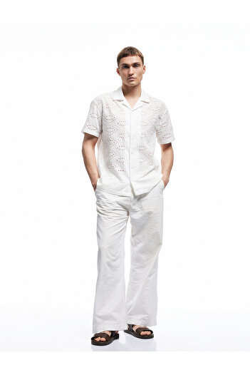Koton Cotton Regular Fit Short Sleeve Turn-Down Collar Brodeed Shirt