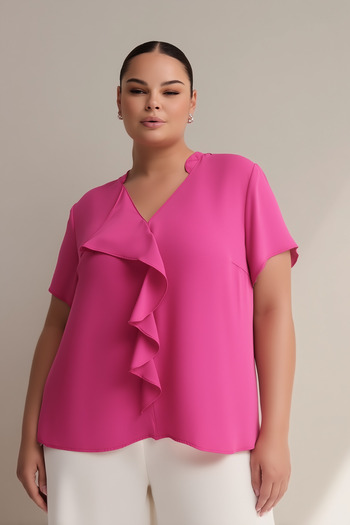 Hanezza V-Neck Front Ruffle Blouse