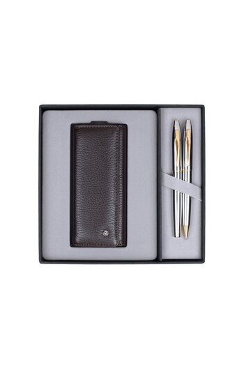 Scrikss Dr206 Gift Set Fountain Pen - Ballpoint Pen 35 Chrome Gold & Leather Double Pen Case Brown