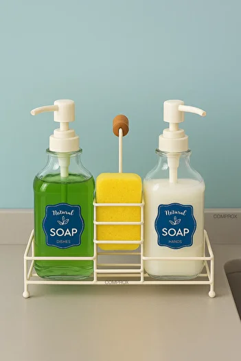 Comprox Glass Liquid Soap Dispenser and Dish Soap Dispenser Set of 2 – 500 ml Metal Stand, Wooden Handle, Sponge Container