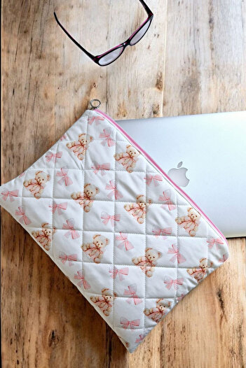 BABY KANGAROO 13-14-15-16'' Inch Teddy Bear Patterned Ecru Water Resistant Quilted Laptop Case/Computer/Bag