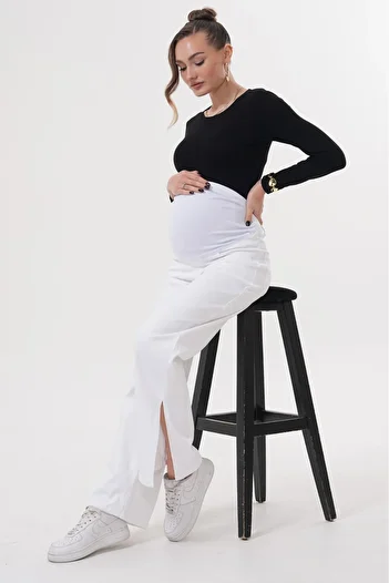 BIG LESSON Maternity Stretchy Tummy Band Waist Adjustable Pipe Leg Slit Jeans Pants White