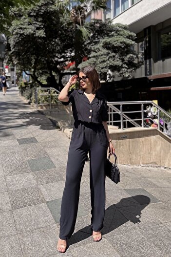 NEW LAVİVA Women's Black Jacket Collar Elastic Waist Jumpsuit - 700-2622