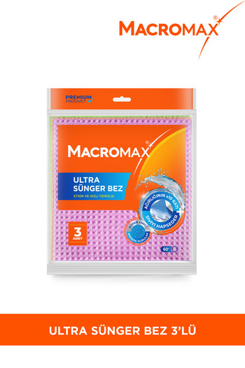 MACRO MAX Ultra Sünger Bez 3'lü Paket, Ağırlığının 10 Katı Su Emen Yüksek Performanslı Mutfak Bezi