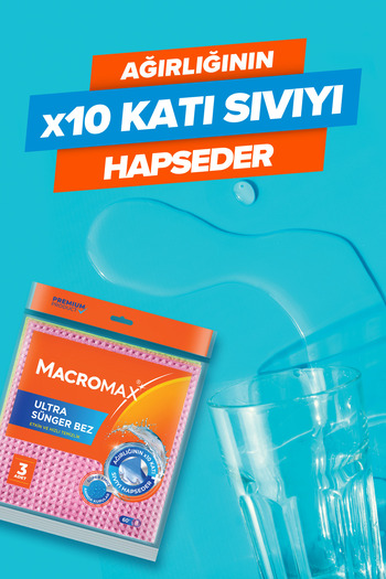 MACRO MAX Ultra Sünger Bez 3'lü Paket, Ağırlığının 10 Katı Su Emen Yüksek Performanslı Mutfak Bezi