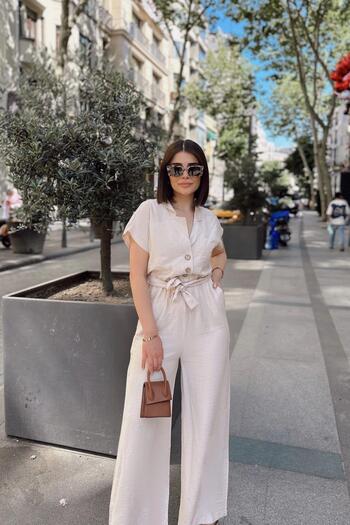 NEW LAVİVA Women's Stone Jacket Collar Wide Leg Linen Jumpsuit - 700-3405