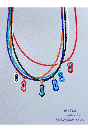 Quella Takı Lake Coating Flat Evil Eye Sand Beads Gold Necklaces