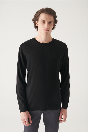 Avva Schwarzer Strickpullover mit Rundhalsausschnitt und Wollmischung für Herren E 005013