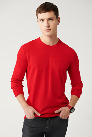 Avva Men's Red Crew Neck Non-Pilling Knitwear Sweater E 005000