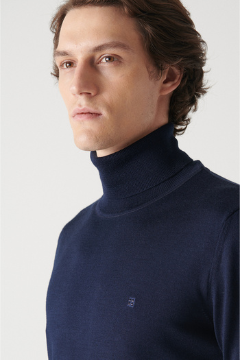 Avva Men's Navy Blue Full Turtleneck Wool Blended Knitwear Sweater E 005014