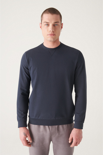 Avva Men's Navy Blue Crew Neck Cotton 2 Thread Unbrushed Sweatshirt E001200