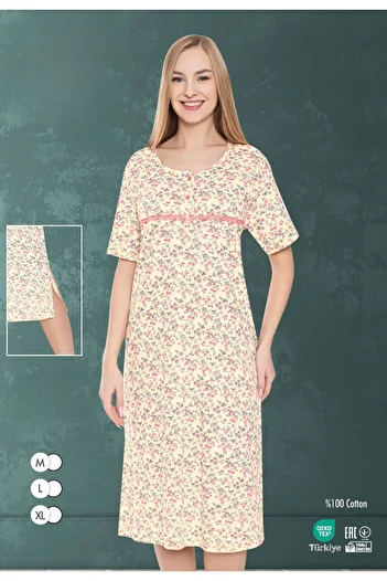 MİSS LOLİTA Women's Plus Size Floral Pattern 100% Cotton Short Sleeve Nightdress 523