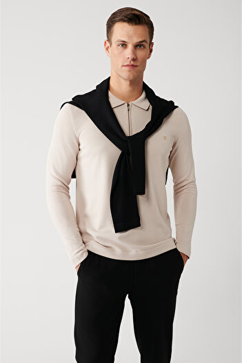 Avva Men's Beige Zippered Rayon Knitwear Sweater A32Y5199