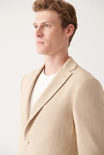 Avva Men's Beige Linen Blended Unlined Double Slit Jacket A31Y4022