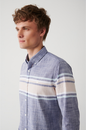 Avva Men's Navy Blue 100% Cotton Linen Look Patterned Shirt A31Y2302