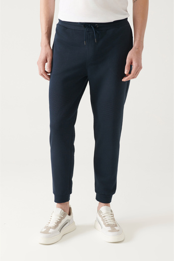 Avva Men's Navy Blue Cotton Sweatpants with Laced Waist and Elastic Legs