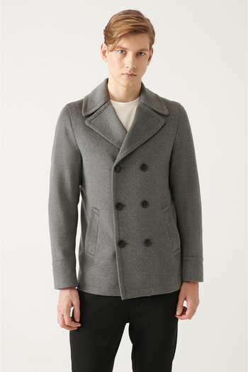Avva Men's Anthracite Double Breasted Collar Wool Stamp Coat A22Y6101