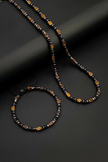 Seven Art Jewelry Natural Stone Necklace, Cube Tiger Eye, Agate Stone and Hematite Stone Necklace & Bracelet Set