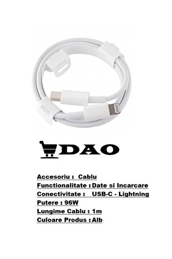 DAO Cablu DATE/INCARCARE compatibil Apple 4GN33Z/A - USB C Lightning , 96W, 4.7A, 1m - alb