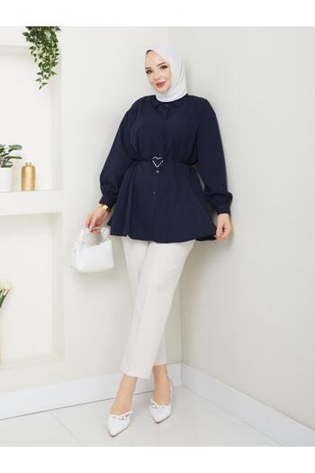 exxitcollection Γυναικείο πουκάμισο Hijab Long Navy Blue T-shirt με ζώνη