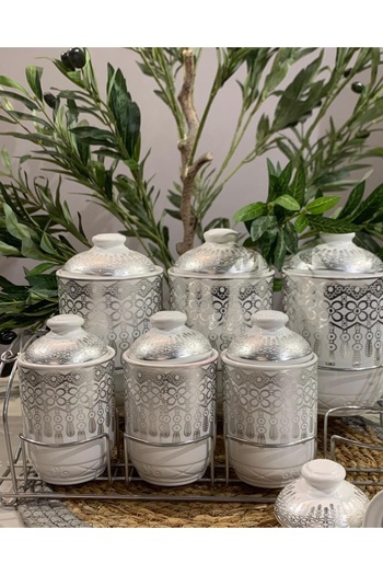 rexa 7-Piece Luxury Porcelain Spice Set – Gold Gilded Versace-Inspired White Storage Jars with Stand