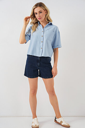 Bigdart Women's Linen Look Crop Shirt 20339 - Blue