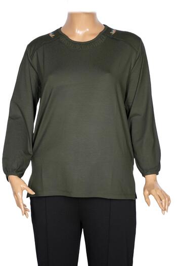 Pıtırcık Cimariva Women's Meyra Plus Size O Neck Embroidered Khaki Blouse