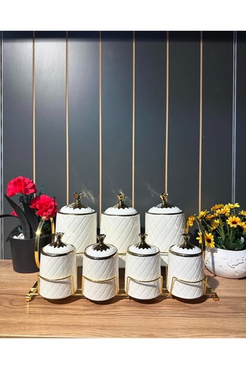 rexa 7-Piece Luxury Porcelain Spice Set – Gold Gilded Versace-Inspired White Storage Jars with Stand