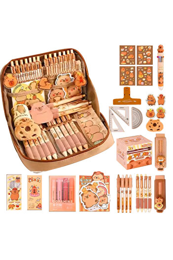 Choice a set Capybara Stationery Set Cute Pencil Case With Pens Clips Rulers Sticky Note 10-Color Ballpoint
