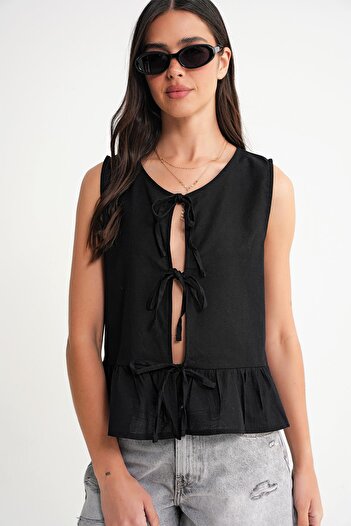 Mixray 4717 Women's Front Lace Ruffle Sleeveless Linen Blouse Black