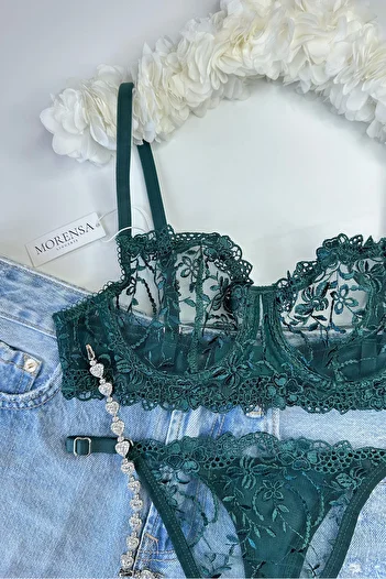 Morensa Floral Underwire Bra Underwear Set Emerald Green