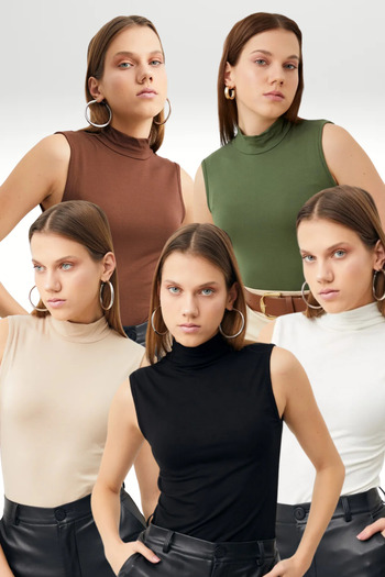 Bipantolon Women's 5-Piece Economical Sleeveless Blouse Set Black Khaki White Cream Bitter Brown