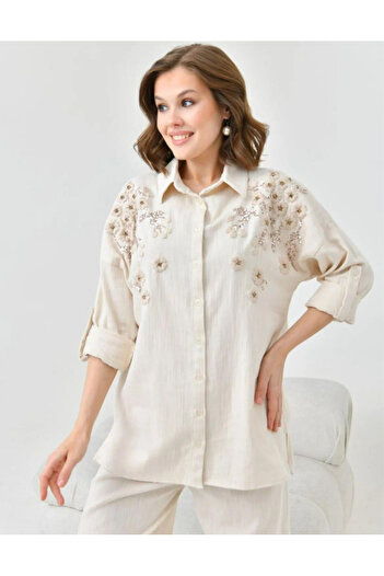 MVStore Γυναικείο πουκάμισο Oversize με φλοράλ μοτίβο κεντημένο λινό